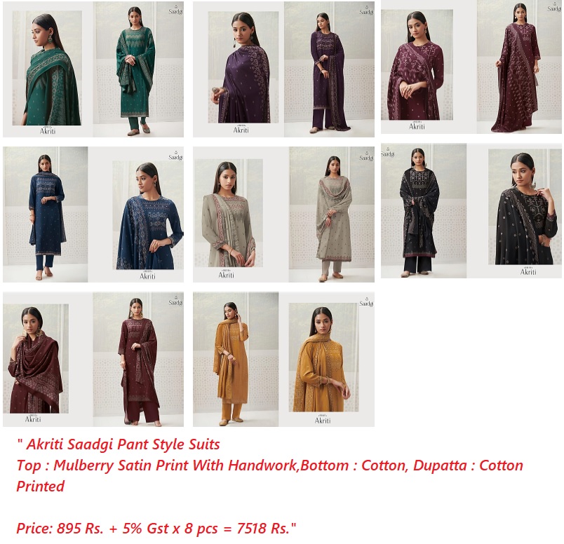 Buy Satin Handwork Akriti Saadgi Pant Style Suits Catalog Ma